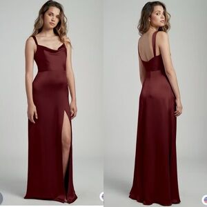 Jenny Yoo Burgundy Satin Cowl Neck Slip Gown with Thigh Slit
